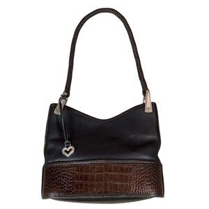 Brighton Gina Black Pebbled Shiny Burgundy Crocodile Trim Leather Hobo Bag Purse